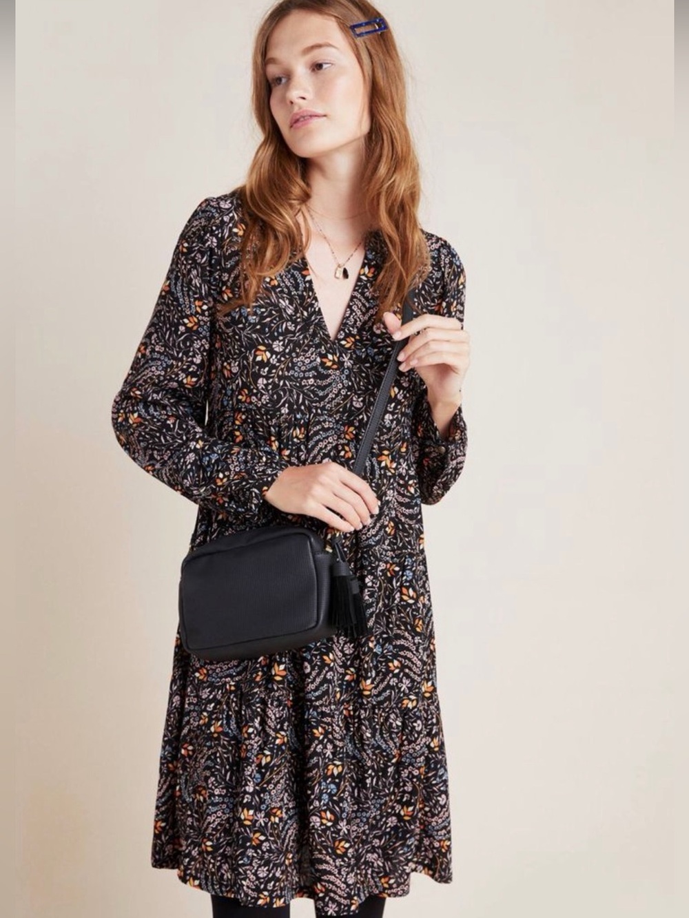 Maeve for Anthropologie Women’s Tiered Black Print Dress XS